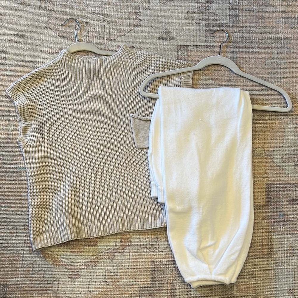 Beige Knit Top and White Pants Set